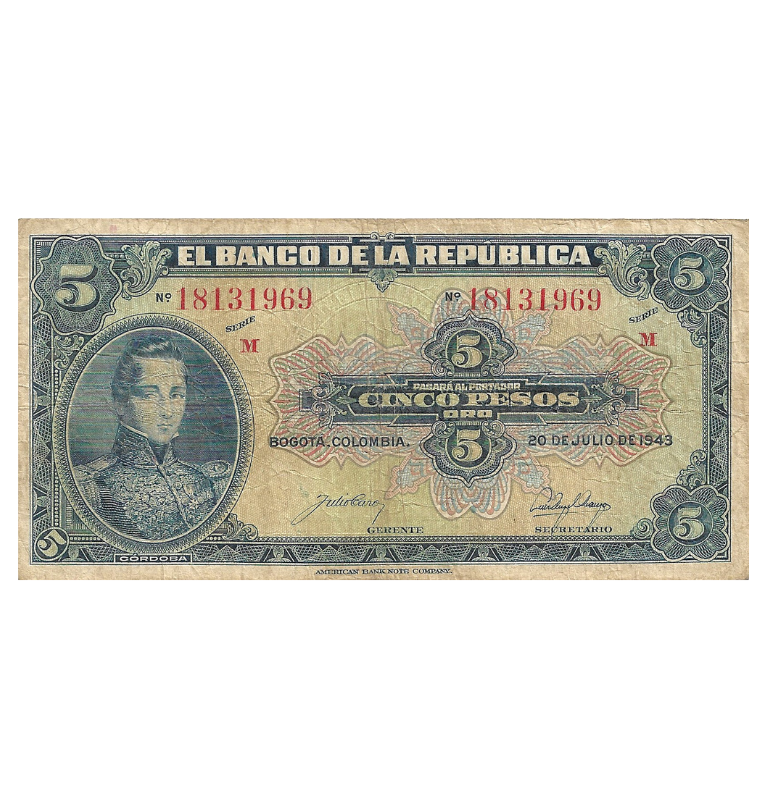 Colombia 5 Pesos Oro 1943. NO UNC